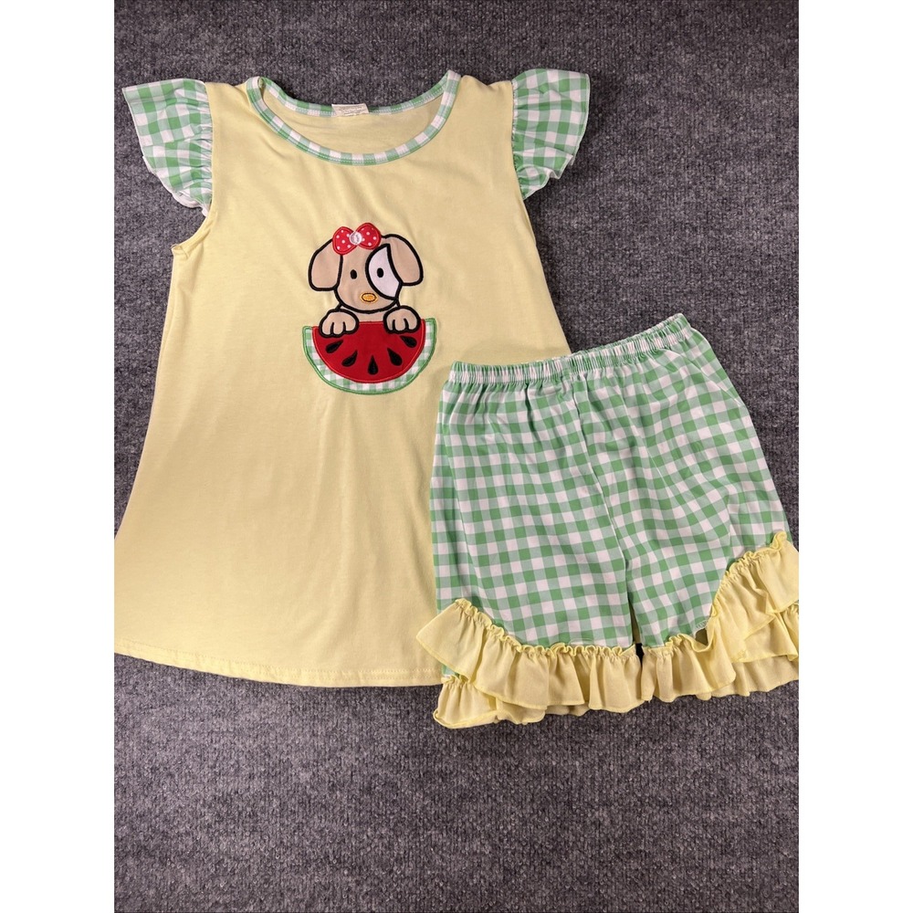 Boutique Girls Watermelon Puppy Shorts Set Yellow Green Gingham Size 3XL / 7-8T